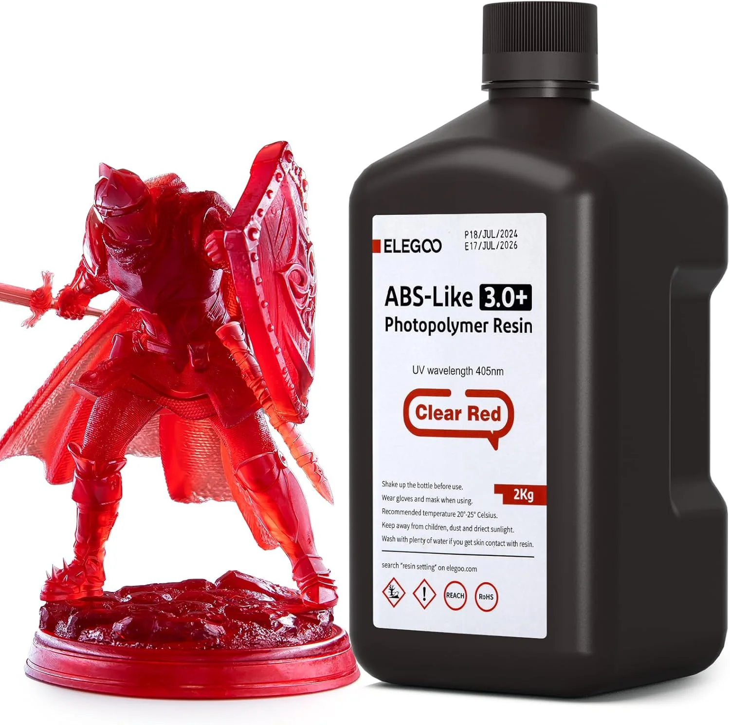 رزین پرینتر سه بعدی ELEGOO ABS-Like 3.0+ قرمز شفاف 2000 گرمی، رزین پرینت سه بعدی با مقاومت حرارتی بالا، ویسکوزیته و انقباض کمتر، طول موج 405 نانومتر LCD UV-Curing برای پرینتر سه بعدی MSLA/LCD/DLP