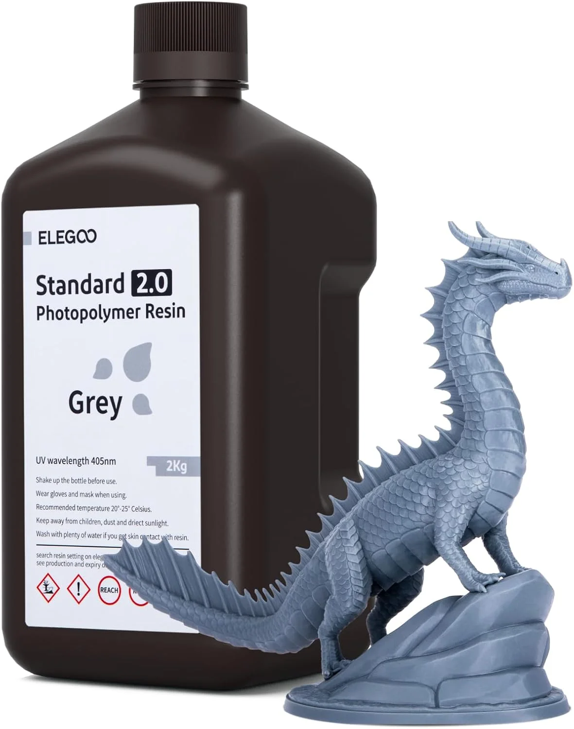 رزین فوتوپلیمر استاندارد 2.0 ELEGOO، 2000 گرم، خاکستری، رزین چاپ سریع و دقیق 405 نانومتر LCD UV-Curing برای پرینتر سه بعدی LCD/DLP/MSLA