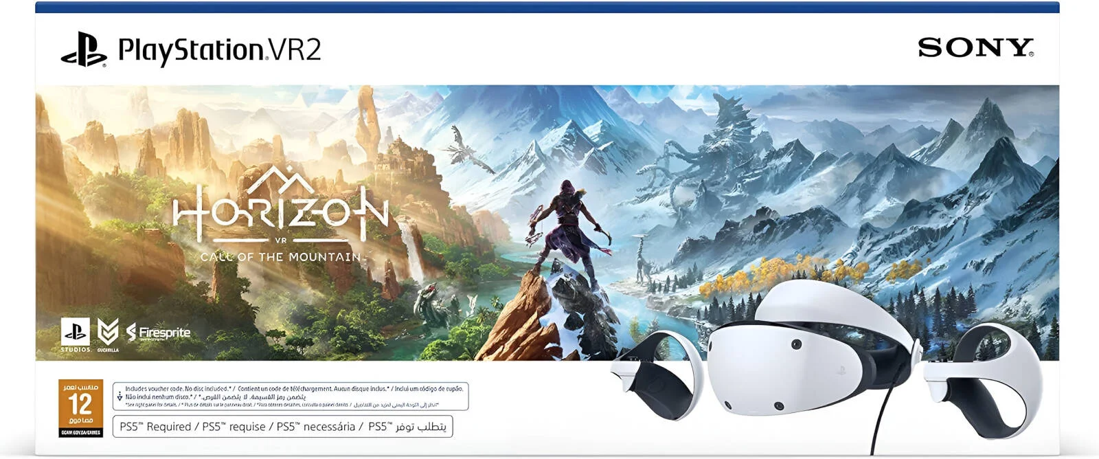 هدست واقعیت مجازی سونی PlayStation VR2 به همراه بسته Horizon Call of Mountain، 2x 2000x2040 OLED 120Hz، تنظیم جداسازی لنز، حسگر حرکتی 6 محوره، لرزش روی هدست، USB Type-C، سفید | CFIZVR1WHORVCH