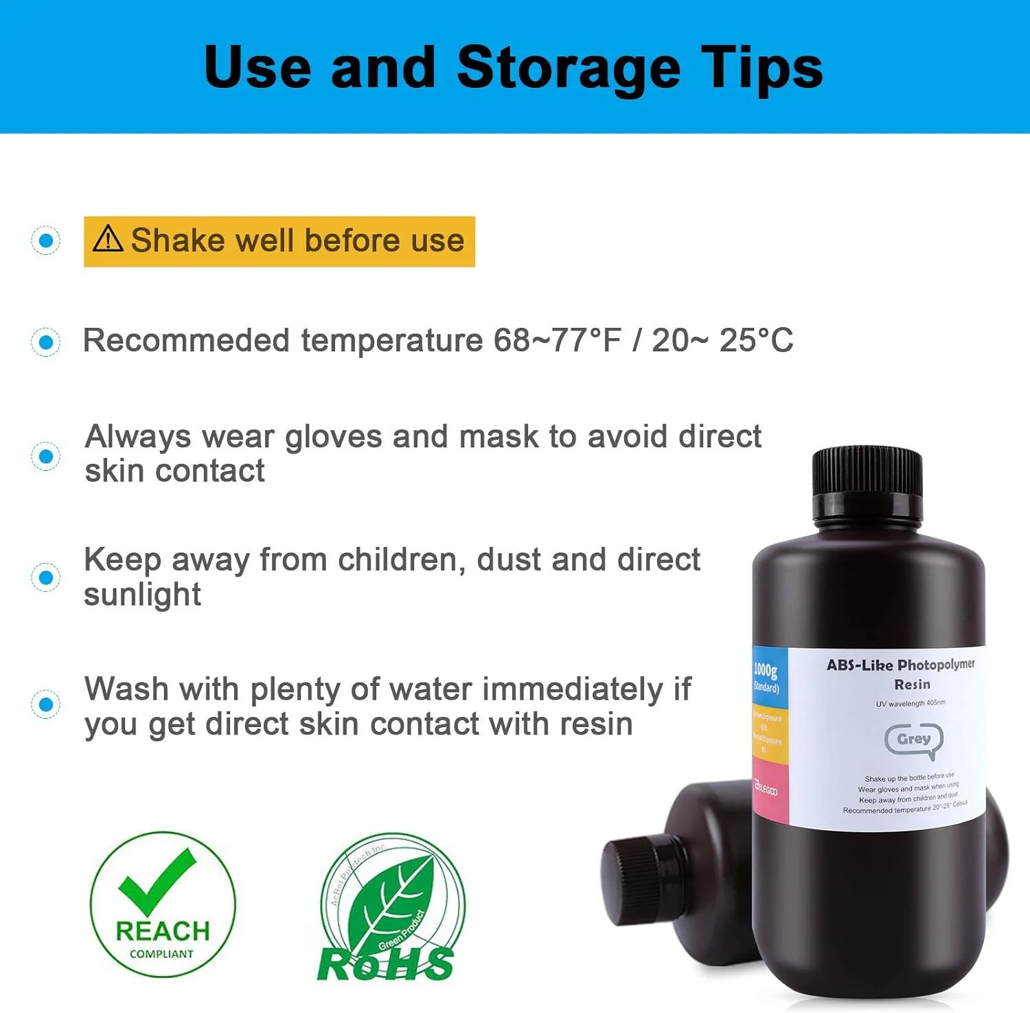 رزین پرینتر سه بعدی ELEGOO شبیه ABS، رزین LCD پخت UV با طول موج 405 نانومتر، دقت بالا، غیر شکننده، خاکستری، 1000 گرم