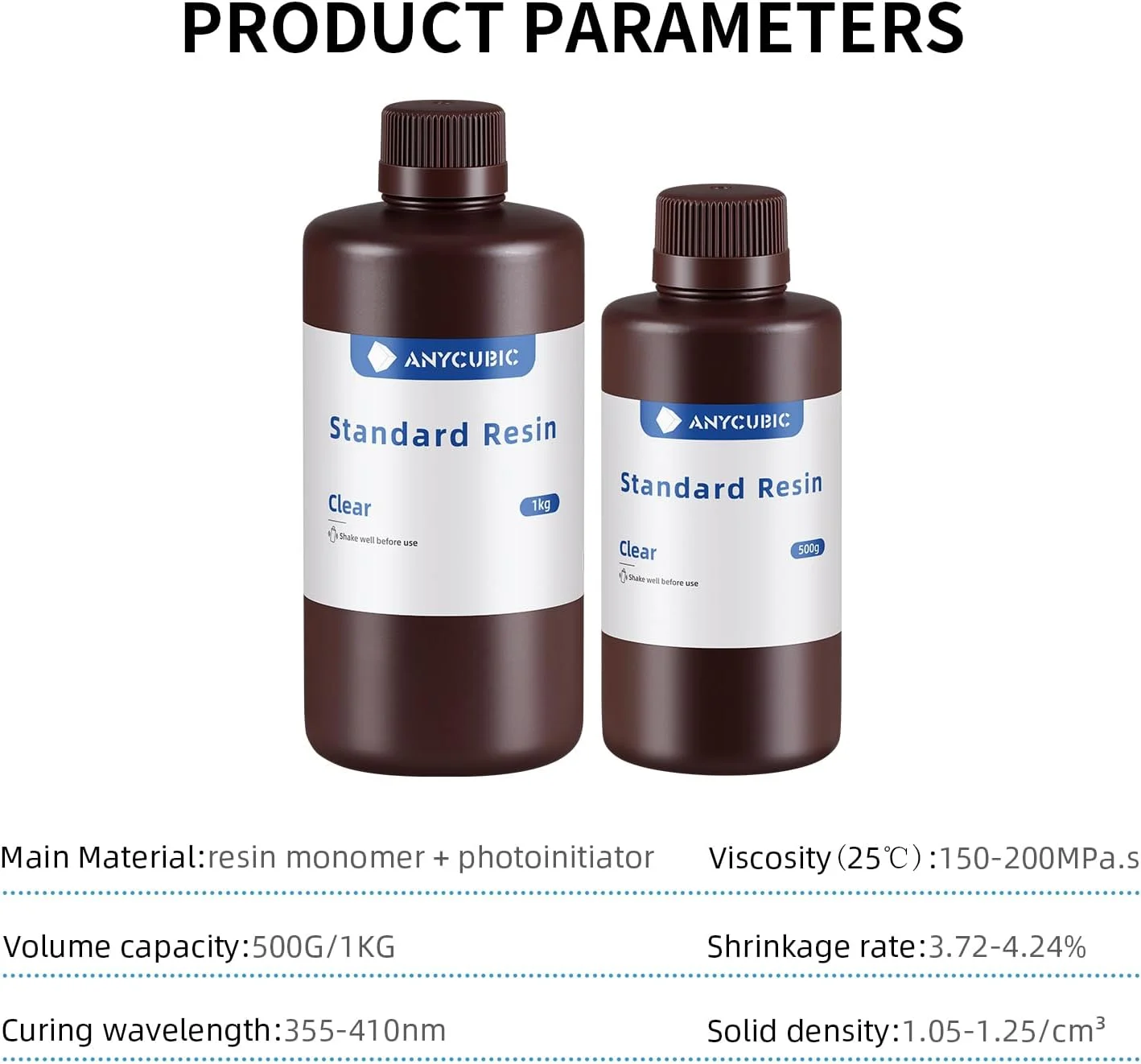 رزین پرینتر سه بعدی ANYCUBIC، رزین فوتوپلیمر UV با طول موج 405 نانومتر، پخت سریع و دقت بالا برای پرینت سه بعدی LCD، 1 کیلوگرم، شفاف