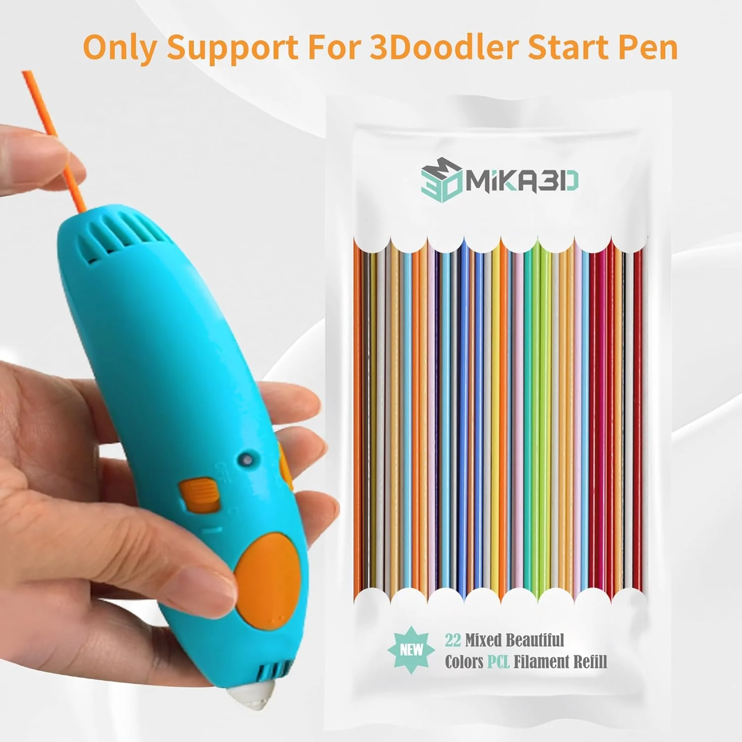 مجموعه 110 عددی فیلامنت PCL قلم سه بعدی MIKA3D، 22 رنگ متنوع، مناسب برای قلم سه بعدی 3Doodler Start+، هر رنگ 15 سانتی متر (مجموع 1650 سانتی متر)