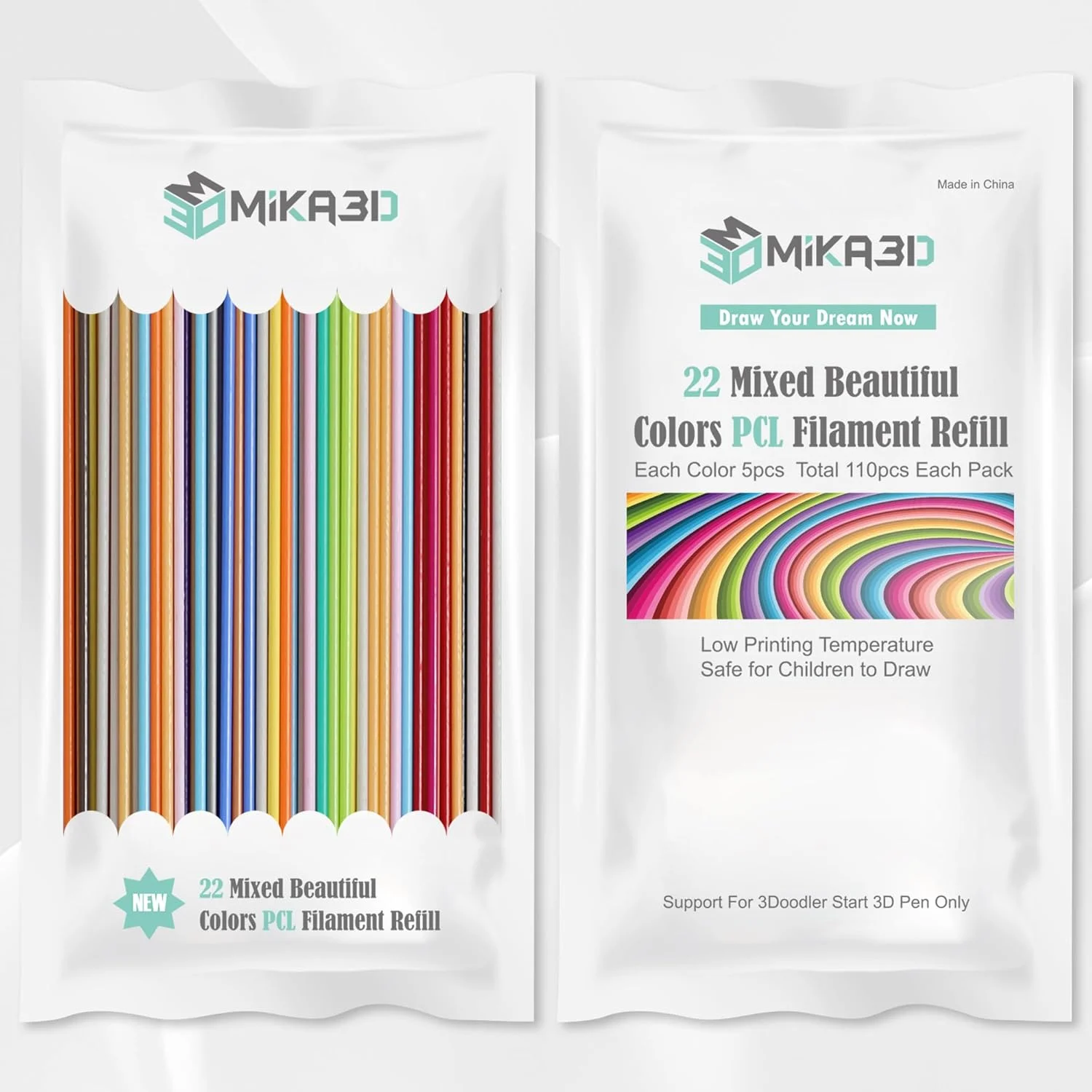 مجموعه 110 عددی فیلامنت PCL قلم سه بعدی MIKA3D، 22 رنگ متنوع، مناسب برای قلم سه بعدی 3Doodler Start+، هر رنگ 15 سانتی متر (مجموع 1650 سانتی متر)
