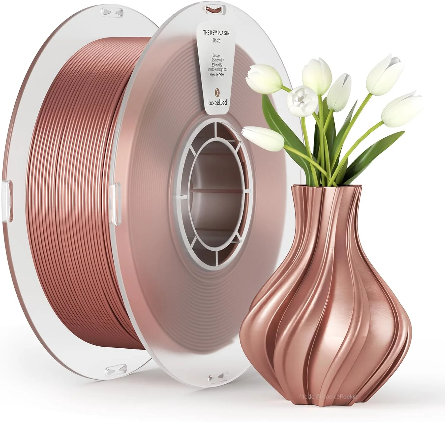 فیلامنت PLA ابریشمی Kexcelled، قطر 1.75 میلی‌متر +/- 0.03 میلی‌متر، فیلامنت چاپ سه بعدی، سطح براق و درخشان، رول 1 کیلوگرمی (2.2 پوند)، مناسب برای اکثر پرینترهای FDM، بسته‌بندی وکیوم، مسی صورتی