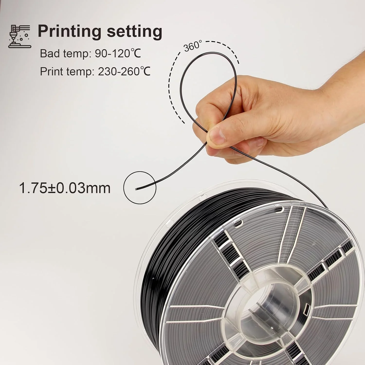 فیلامنت ASA مشکی 1.75 میلی‌متری، فیلامنت ASA پرینتر سه بعدی، مقاومت بالا در برابر اشعه ماوراء بنفش، بوی کم، ایده آل برای چاپ قطعات کاربردی فضای باز، رول 1 کیلوگرمی