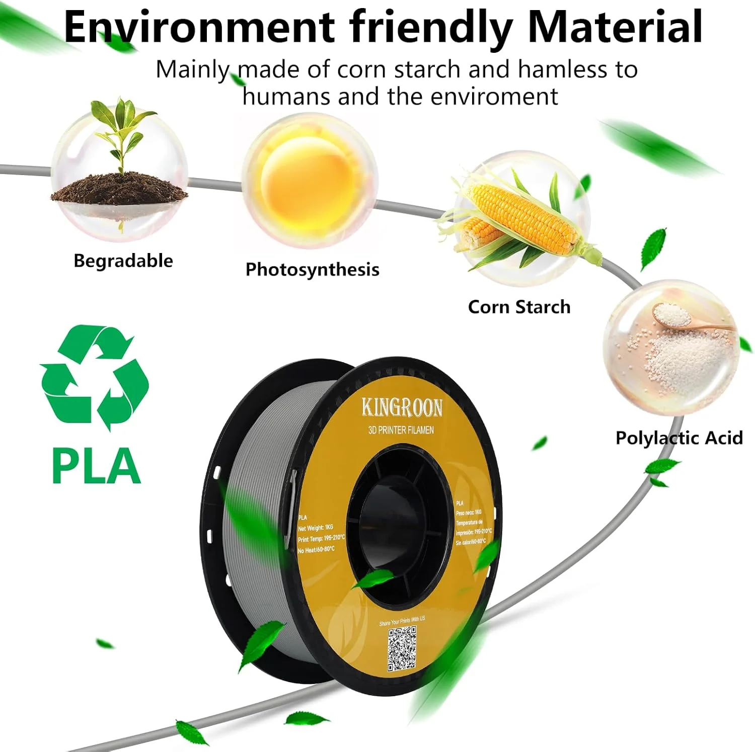 فیلامنت PLA کینگروون 1.75 میلی‌متری برای پرینتر سه بعدی، مواد پرینت سه بعدی فیلامنت، فیلامنت سه بعدی 1 کیلوگرمی با دقت ابعادی +/- 0.03 میلی‌متر، فیلامنت PLA پرینتر سه بعدی با قرقره مرتب پیچیده شده، فیلامنت خاکستری pla