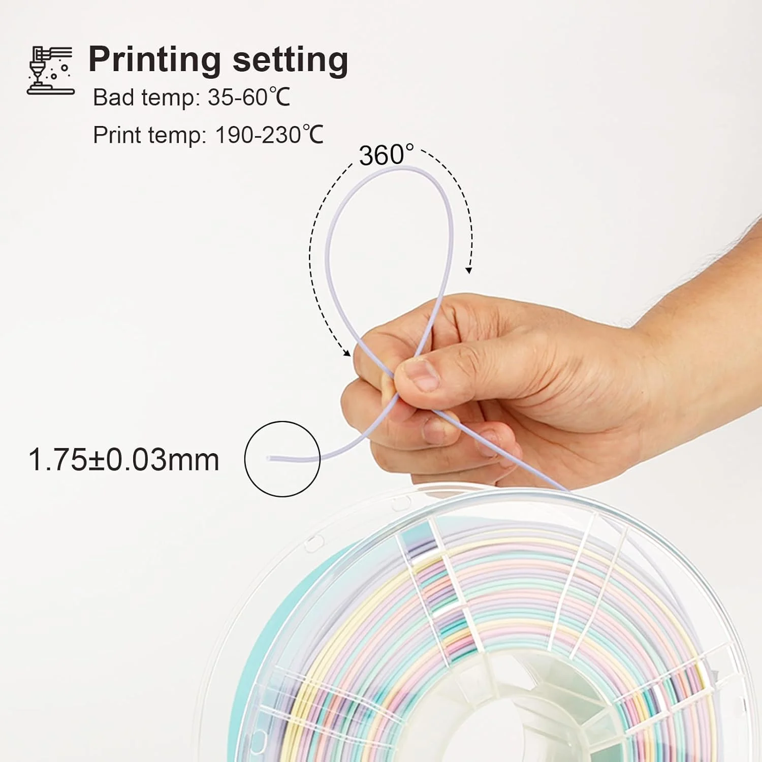 فیلامنت پرینتر سه بعدی، فیلامنت PLA رنگین کمانی مات 1.75 میلی متر، فیلامنت PLA رنگین کمانی چند رنگ، 1 کیلوگرم/اسپول