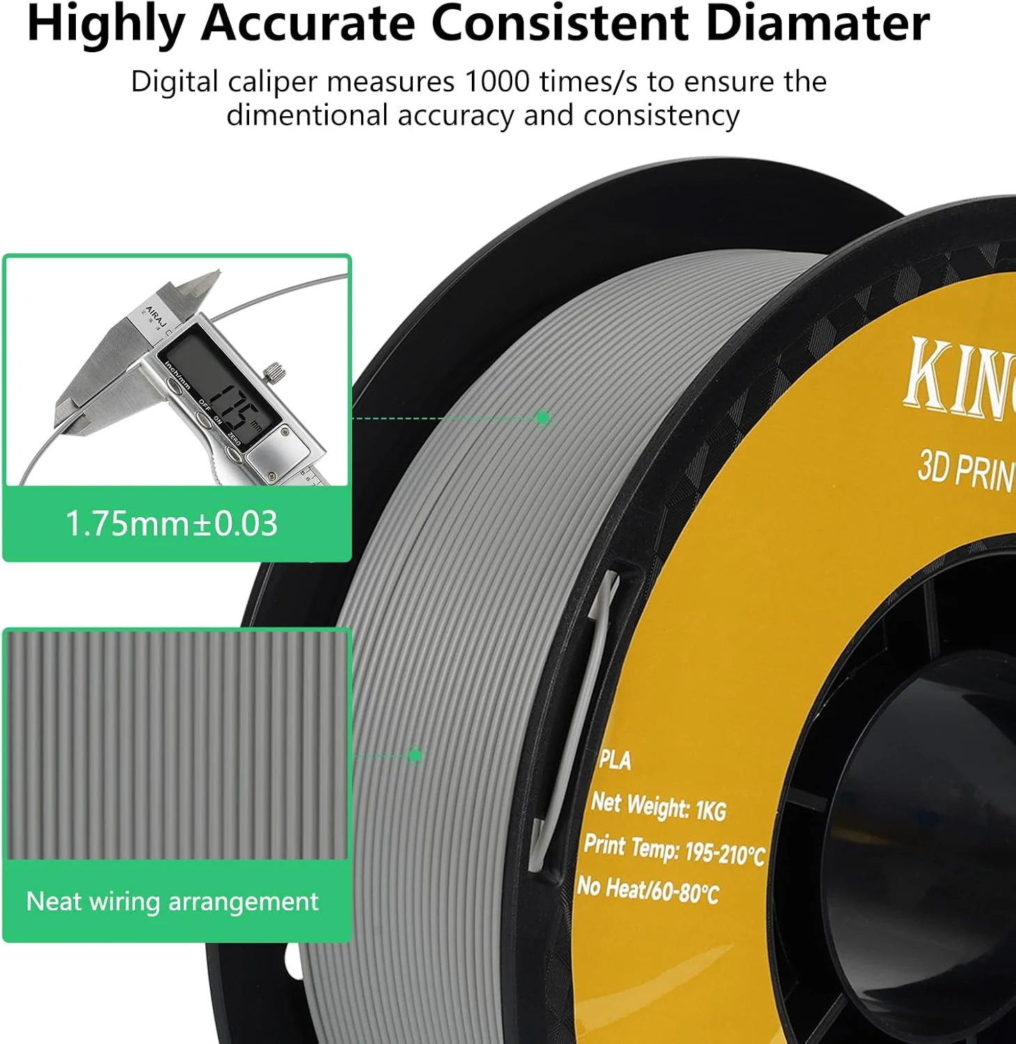 فیلامنت PLA کینگروون 1.75 میلی‌متری برای پرینتر سه بعدی، مواد پرینت سه بعدی فیلامنت، فیلامنت سه بعدی 1 کیلوگرمی با دقت ابعادی +/- 0.03 میلی‌متر، فیلامنت PLA پرینتر سه بعدی با قرقره مرتب پیچیده شده، فیلامنت خاکستری pla