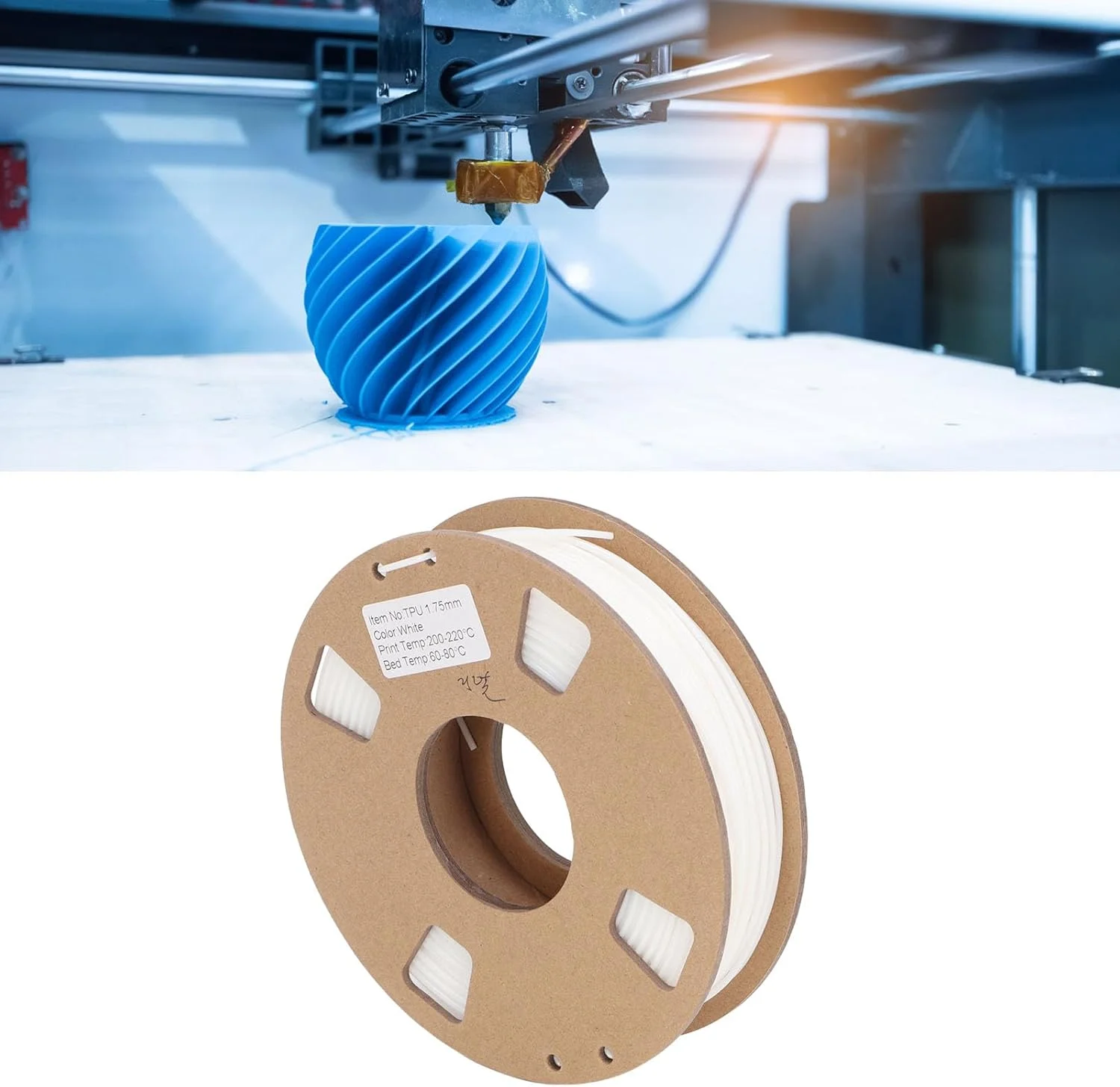 فیلامنت TPU پرینتر سه بعدی 1.75mm سفید، فیلامنت چاپ سه بعدی TPU انعطاف پذیر 95A، کم بو و تغییر شکل کم، سیم پیچی مکانیکی، برای دوشاخه ها، واشرها، ورق ها، قاب های جاکلیدی