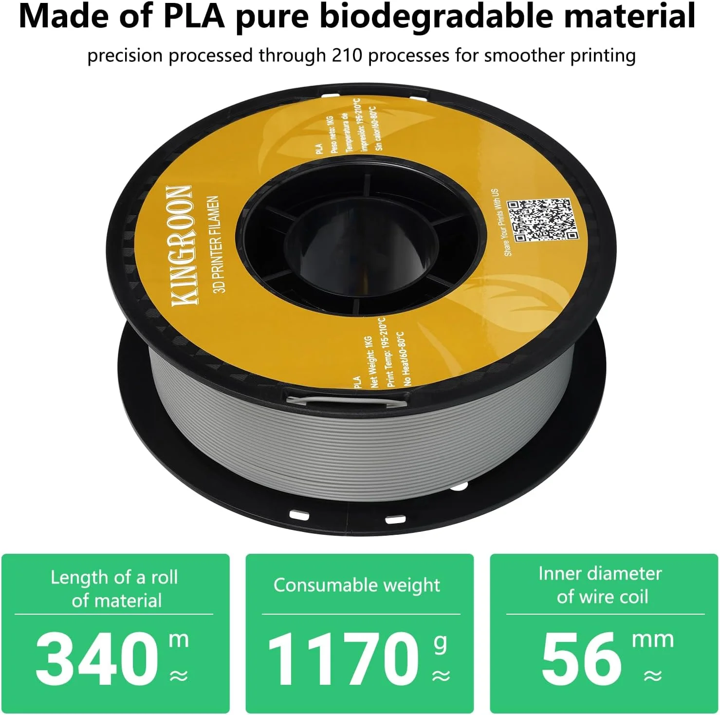فیلامنت PLA کینگروون 1.75 میلی‌متری برای پرینتر سه بعدی، مواد پرینت سه بعدی فیلامنت، فیلامنت سه بعدی 1 کیلوگرمی با دقت ابعادی +/- 0.03 میلی‌متر، فیلامنت PLA پرینتر سه بعدی با قرقره مرتب پیچیده شده، فیلامنت خاکستری pla