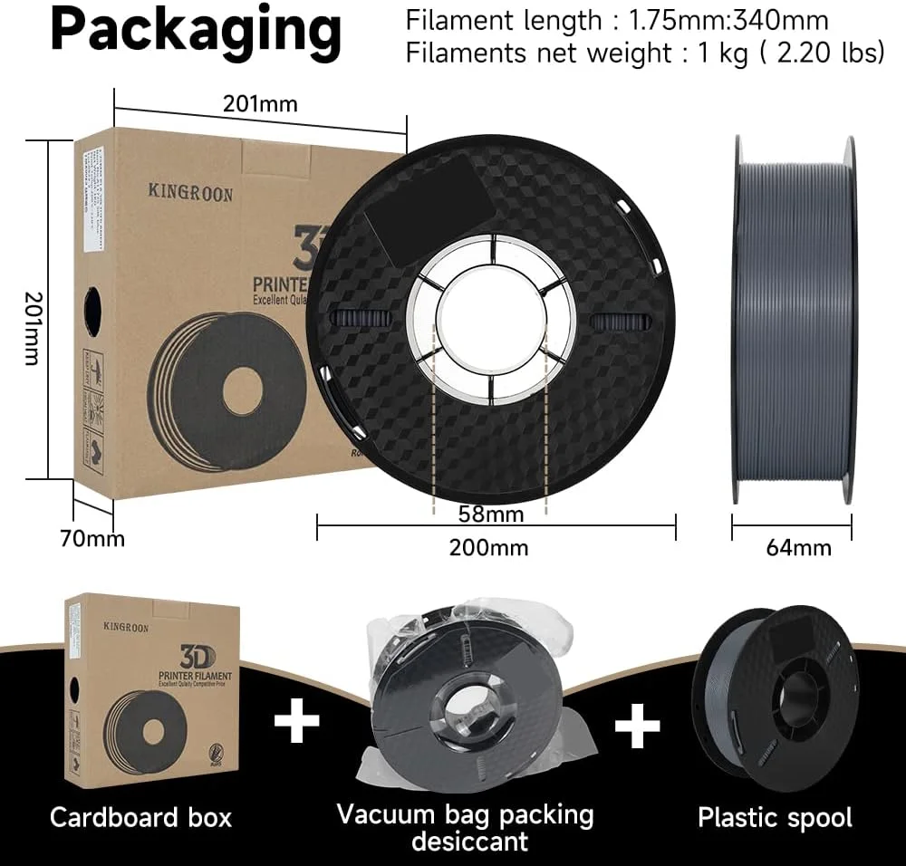 فیلامنت PLA کینگروون 1.75 میلی‌متری برای پرینتر سه بعدی، مواد پرینت سه بعدی فیلامنت، فیلامنت سه بعدی 1 کیلوگرمی با دقت ابعادی +/- 0.03 میلی‌متر، فیلامنت PLA پرینتر سه بعدی با قرقره مرتب پیچیده شده، فیلامنت خاکستری pla