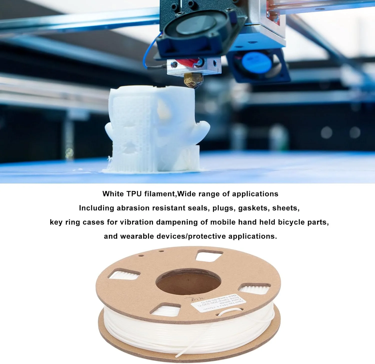 فیلامنت TPU پرینتر سه بعدی 1.75mm سفید، فیلامنت چاپ سه بعدی TPU انعطاف پذیر 95A، کم بو و تغییر شکل کم، سیم پیچی مکانیکی، برای دوشاخه ها، واشرها، ورق ها، قاب های جاکلیدی