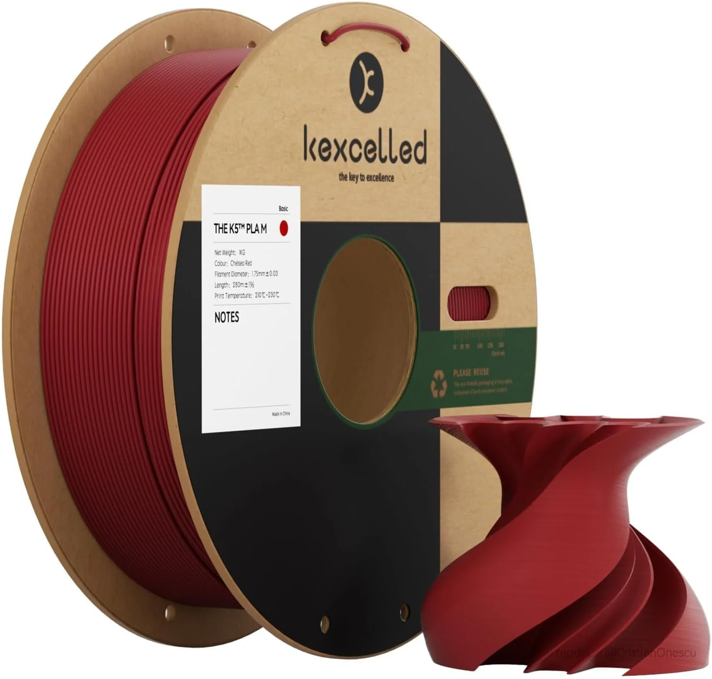 فیلامنت PLA مات Kexcelled، قرمز آلبالویی، ۱.۷۵ میلی‌متر +/- ۰.۰۳ میلی‌متر، بافت مات، مواد زیبا برای پرینت سه بعدی FDM، رول ۱ کیلوگرمی
