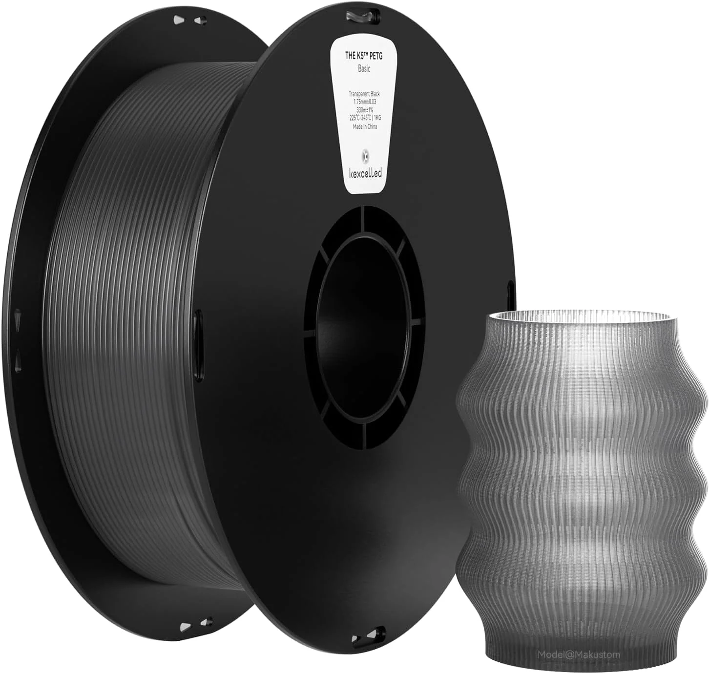 فیلامنت PETG اکسلِد 1.75 میلی‌متری، فیلامنت چاپ سه بعدی با دقت +/- 0.02 میلی‌متر، اسپول 1 کیلوگرمی (2.2 پوند)، مقاوم در برابر مواد شیمیایی، مناسب برای اکثر پرینترهای FDM، مشکی شفاف