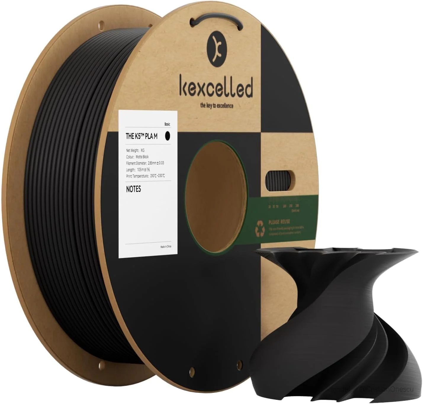 فیلامنت PLA مشکی مات Kexcelled با قطر 2.85 میلی‌متر، تلرانس +/-0.03 میلی‌متر، بافت مات، مواد زیبا برای پرینت سه بعدی FDM، رول 1 کیلوگرمی