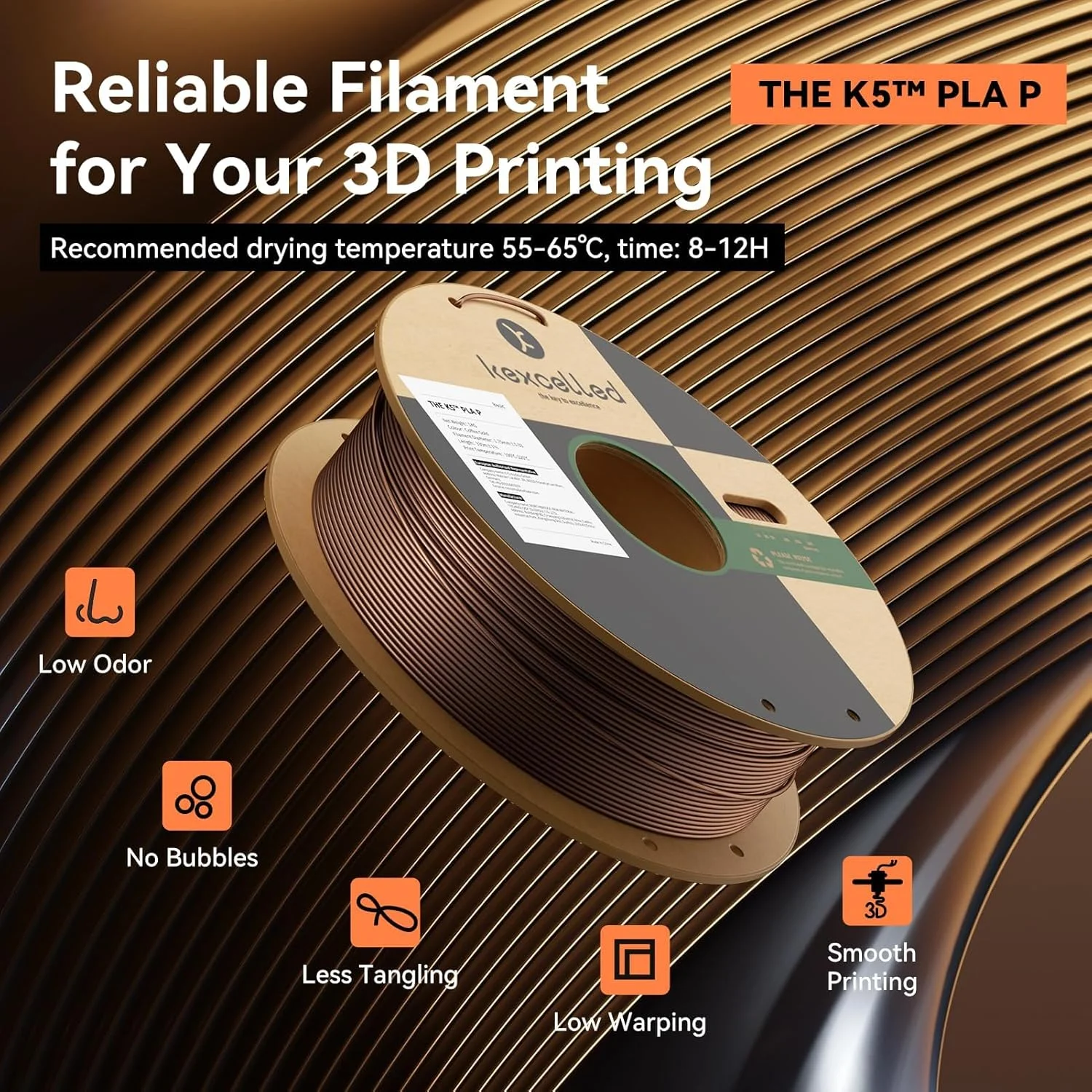 فیلامنت چاپ سه بعدی PLA متالیک Kexcelled، ابریشمی متال 1.75 میلی متر PLA +/- 0.03 میلی متر، سطح فلزی، لوله مقوایی، رول 1 کیلوگرمی (2.2 پوند)، براق، مناسب برای اکثر پرینترهای FDM، طلایی شامپاینی