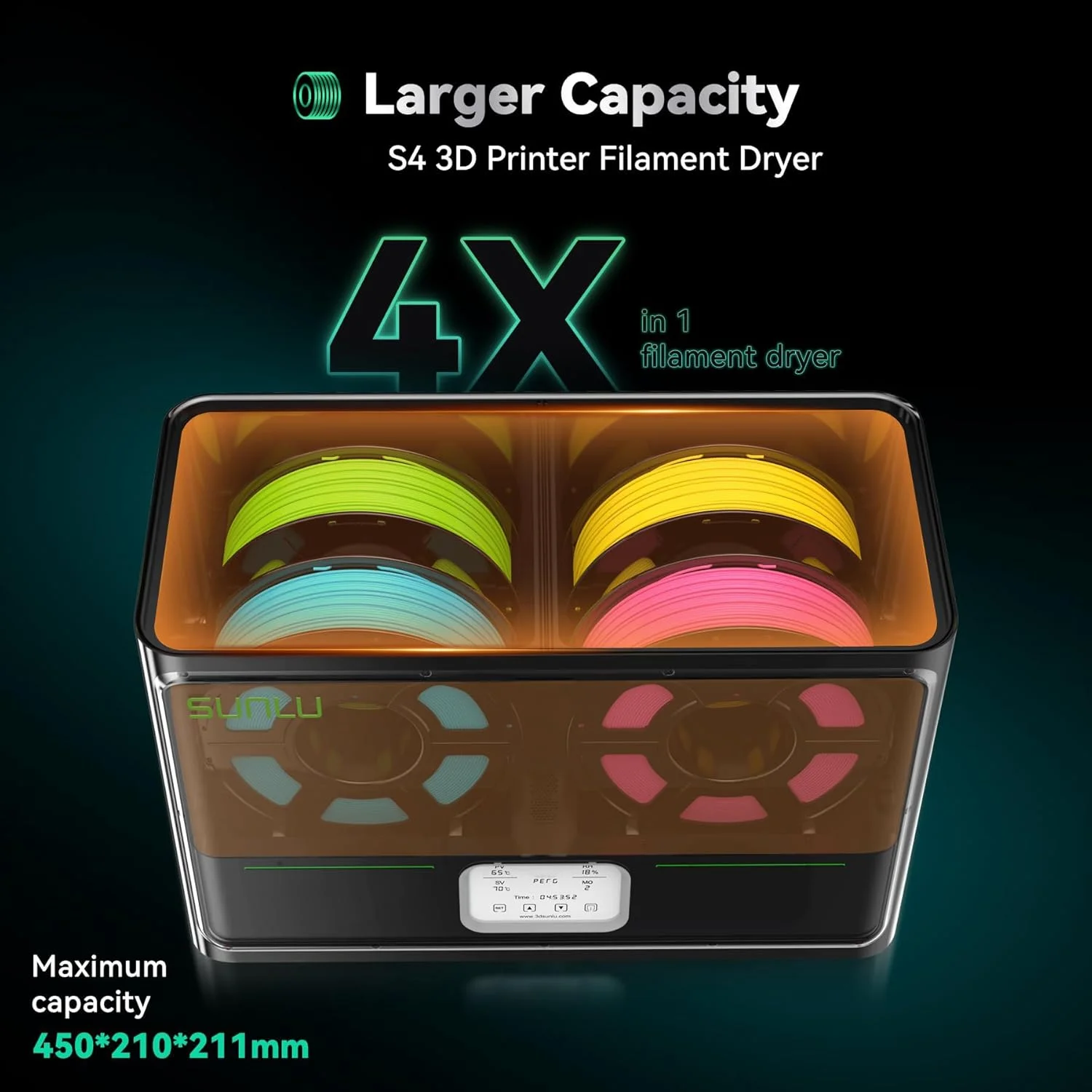 خشک کن فیلامنت KASTWAVE S4، جعبه خشک کن فیلامنت پرینتر سه بعدی با ظرفیت بزرگ با فن سه گانه، خشک کردن 4 قرقره، گرمایش سریعتر، کنترل خودکار رطوبت، جعبه ذخیره سازی فیلامنت PLA PETG ABS TPU Nylon PA، مشکی