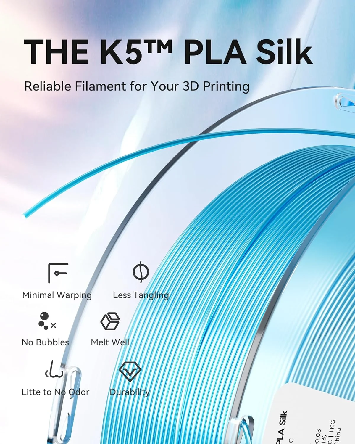 فیلامنت ابریشمی PLA کِکسلد، 1.75 میلی‌متر، فیلامنت پرینتر سه بعدی براق، دقت ابعادی +/- 0.03 میلی‌متر، اسپول 1 کیلوگرمی (2.2 پوند)، سطح ابریشمی، بسته‌بندی خلاء، سیم‌پیچی مرتب، برنز