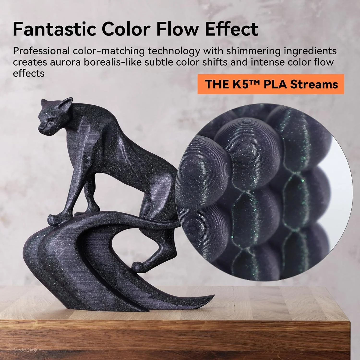 فیلامنت PLA تغییر رنگ‌دهنده Kexcelled Streams Chameleon، قطر 1.75 میلی‌متر، جلوه جریان شبیه شفق قطبی، تغییر رنگ با نور، متریال براق و درخشان برای پرینت سه بعدی، رول 1 کیلوگرمی، پنهان‌کننده خطوط لایه، برای پرینتر سه بعدی، سبز شفق قطبی