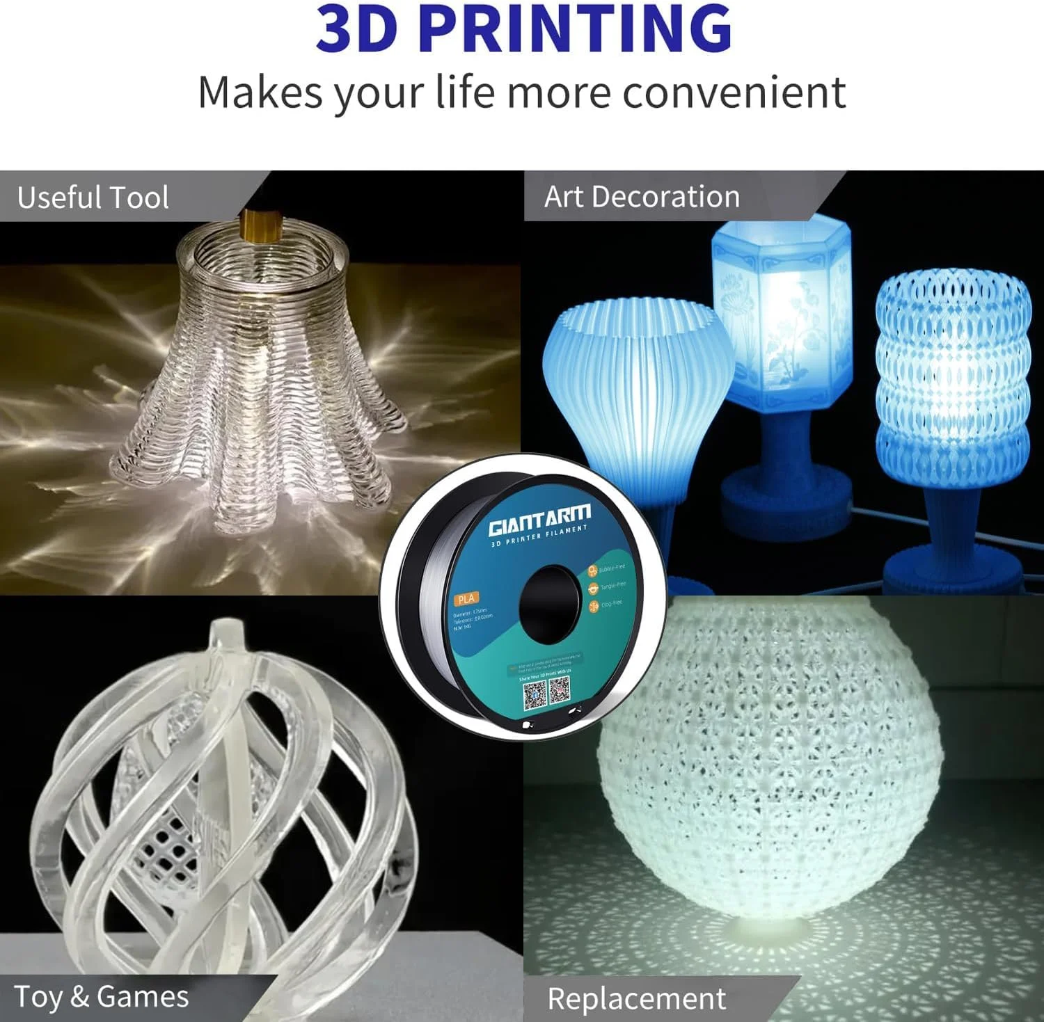 فیلامنت PLA جیانت آرم 1.75 میلی‌متری، فیلامنت پرینت سه بعدی PLA، 1 کیلوگرم، 1 قرقره، شفاف