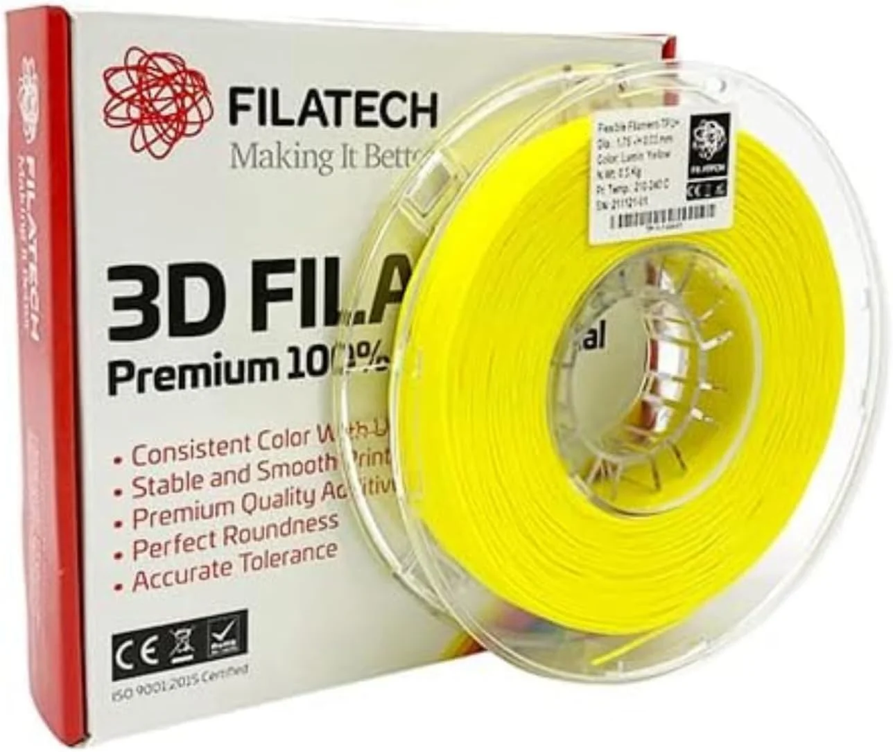 فیلامنت پرینتر سه بعدی انعطاف پذیر TPU فیلاتک – 1.75 میلی متر، قرقره 0.5 کیلوگرمی، زرد درخشان – الاستیسیته بالا، چسبندگی قوی، ساخت امارات متحده عربی