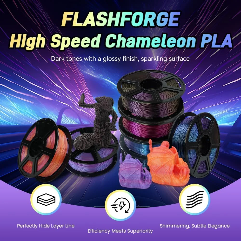 فیلامنت PLA تغییر رنگ دهنده سریع Flashforge Chameleon، شبکه عمیق، فیلامنت پرینتر سه بعدی با جریان بالا و سرعت بالا 1.75 میلی متر، حداکثر سرعت چاپ 500 میلی متر بر ثانیه، نمایش جلوه ها