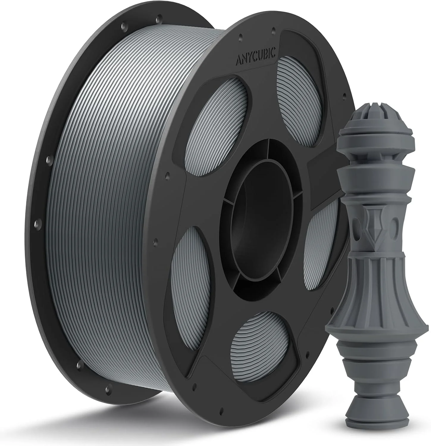 فیلامنت پرینتر سه بعدی PLA Plus (PLA+) 1.75mm، فیلامنت پرینت سه بعدی با چقرمگی بالا، دقت ابعادی +/- 0.02mm، قابل چاپ با اکثر پرینترهای سه بعدی FDM، اسپول قابل استفاده مجدد 1 کیلوگرمی، خاکستری بافت دار