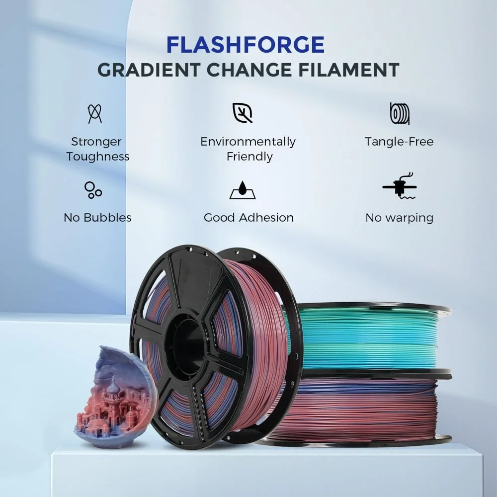 فیلامنت PLA گرادیانی رنگی پرینتر سه بعدی FLASHFORGE، قطر 1.75 میلی متر، اسپول 1 کیلوگرمی (2.2 پوند)، دقت ابعادی +/- 0.02 میلی متر، چقرمگی بهتر و بدون پرز