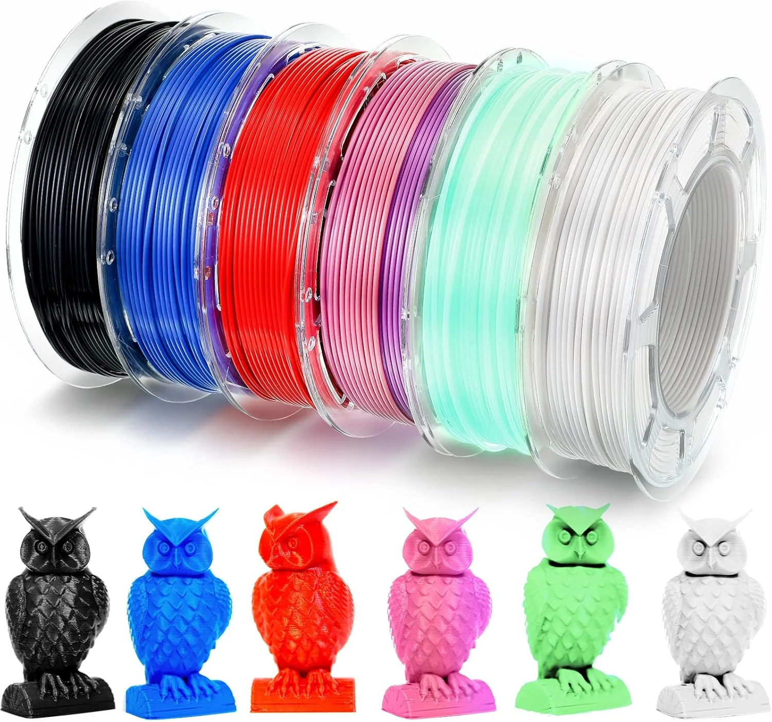 بسته فیلامنت پرینتر سه بعدی PLA در 6 رنگ، جنس چاپ PLA 1.75 میلی متری، هر رول 200 گرم، بسته بندی وکیوم، خشک کن فیلامنت چاپ، مشکی، قرمز، آبی، سفید، رنگین کمانی، سبز فلورسنت، لوازم فیلامنت