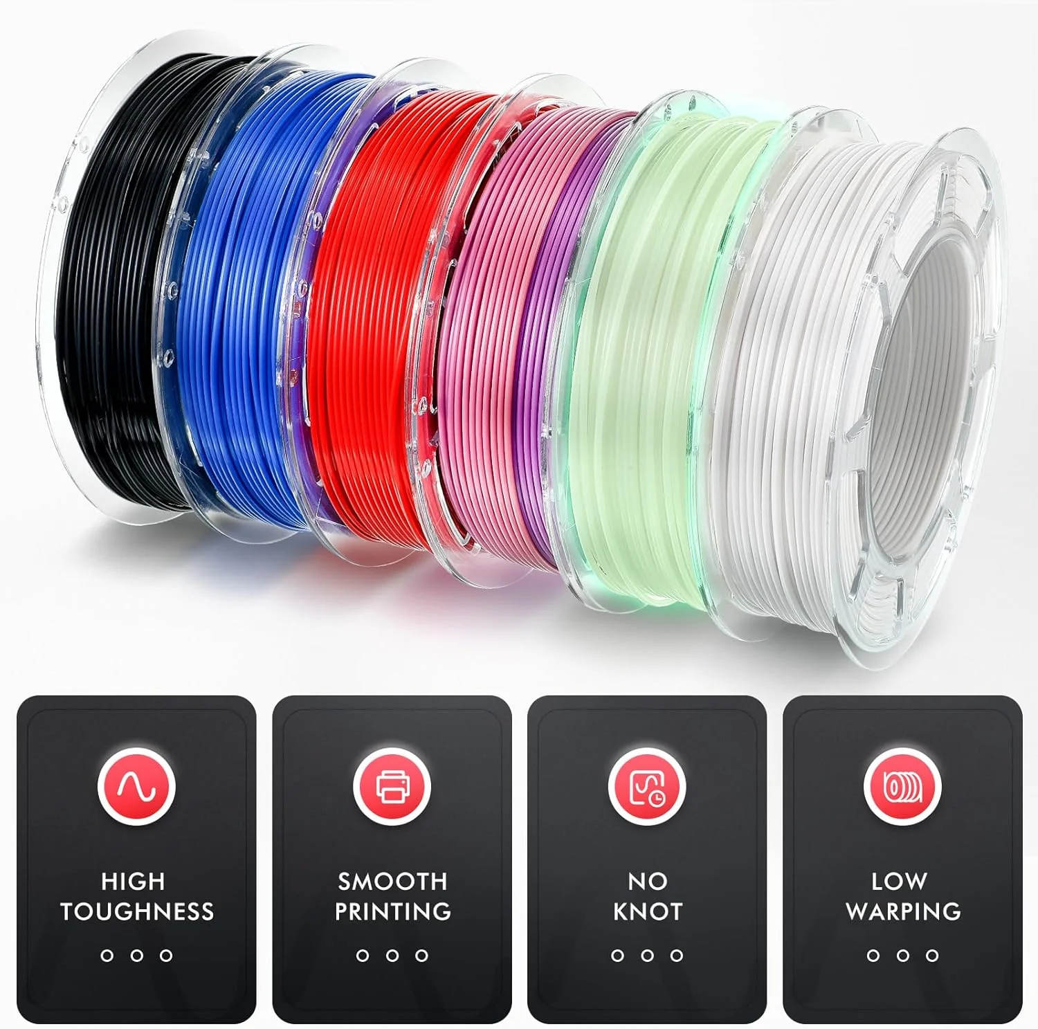 بسته فیلامنت پرینتر سه بعدی PLA در 6 رنگ، جنس چاپ PLA 1.75 میلی متری، هر رول 200 گرم، بسته بندی وکیوم، خشک کن فیلامنت چاپ، مشکی، قرمز، آبی، سفید، رنگین کمانی، سبز فلورسنت، لوازم فیلامنت