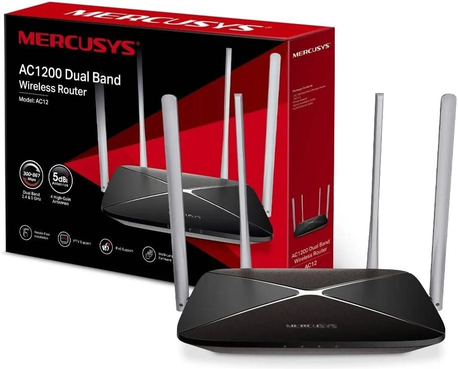 روتر وای فای دو بانده MERCUSYS AC1200، سرعت تا 867 مگابیت بر ثانیه در 5 گیگاهرتز + 300 مگابیت بر ثانیه در 2.4 گیگاهرتز، سازگار با IPTV و IPv6، نصب آسان (AC12)