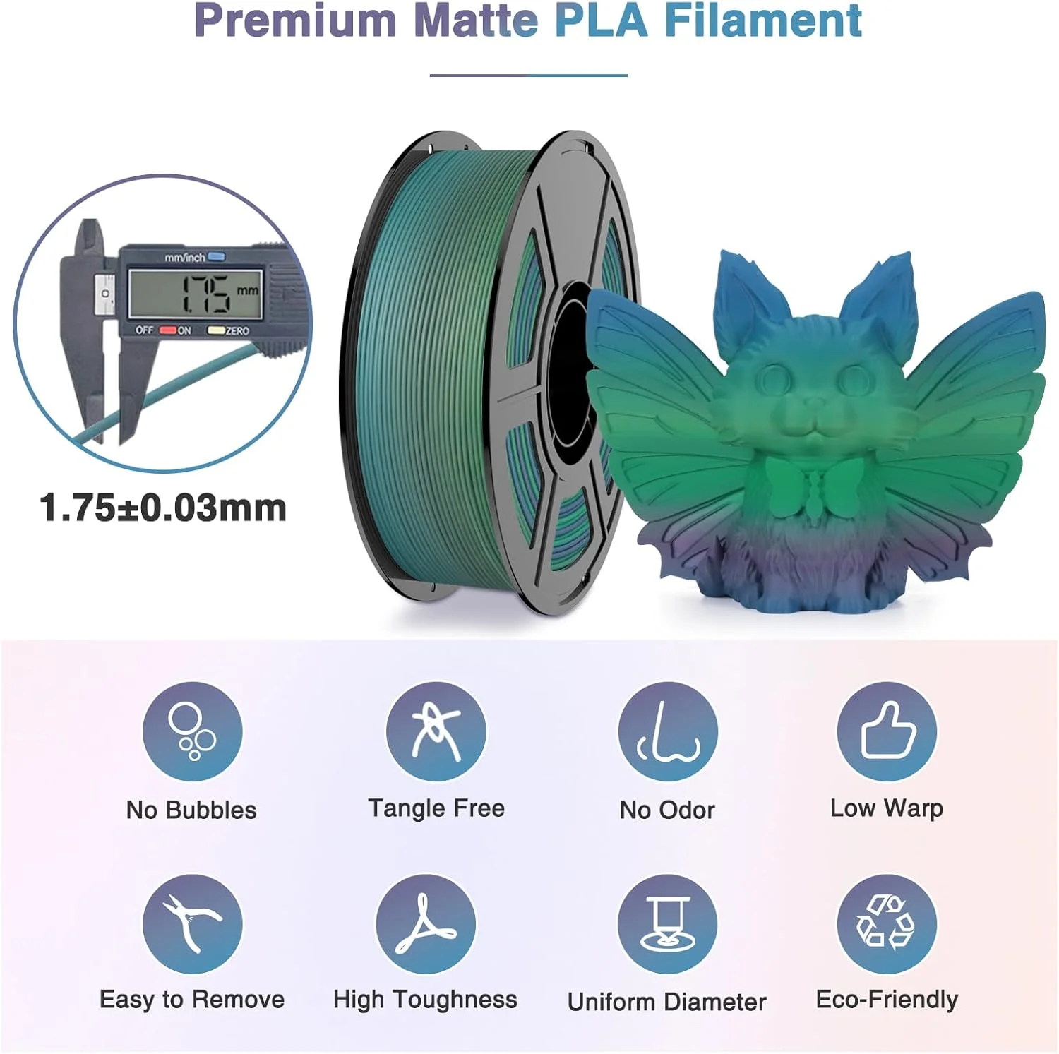 فیلامنت PLA مات رنگین کمانی برای پرینت سه بعدی، پرداخت مات نئون و فیلامنت پرینتر سه بعدی چند رنگ با دقت بالا، سازگار با اکثر پرینترهای سه بعدی FDM (1 کیلوگرم)