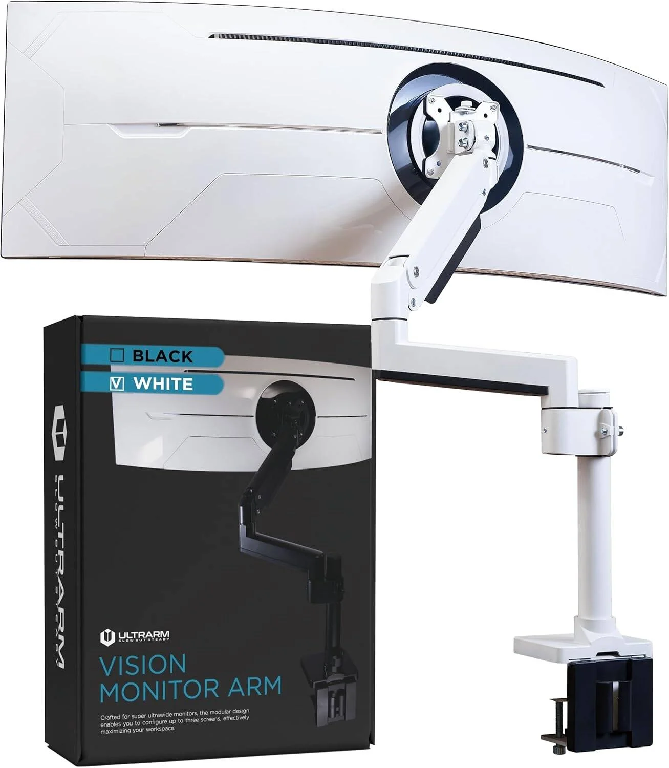 بازوی مانیتور سنگین ULTRARM برای مانیتورهای فوق عریض تا 57 اینچ و 20 کیلوگرم، پایه رومیزی تکی، تنظیم ارتفاع پنوماتیک، بازوهای توسعه ماژولار، حداکثر VESA 100x100، سفید | MA20PW-S