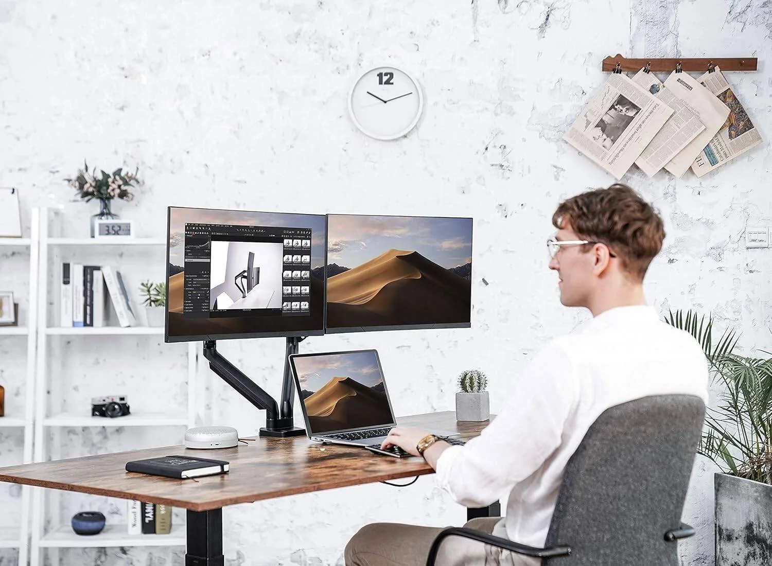 پایه نگهدارنده دو مانیتوره Skill Tech، بازوی مانیتور با قابلیت تنظیم ارتفاع، پایه رومیزی فنری گازی با قابلیت حرکت کامل برای دو صفحه نمایش 13-32 اینچی، مشکی | SH-130 C024