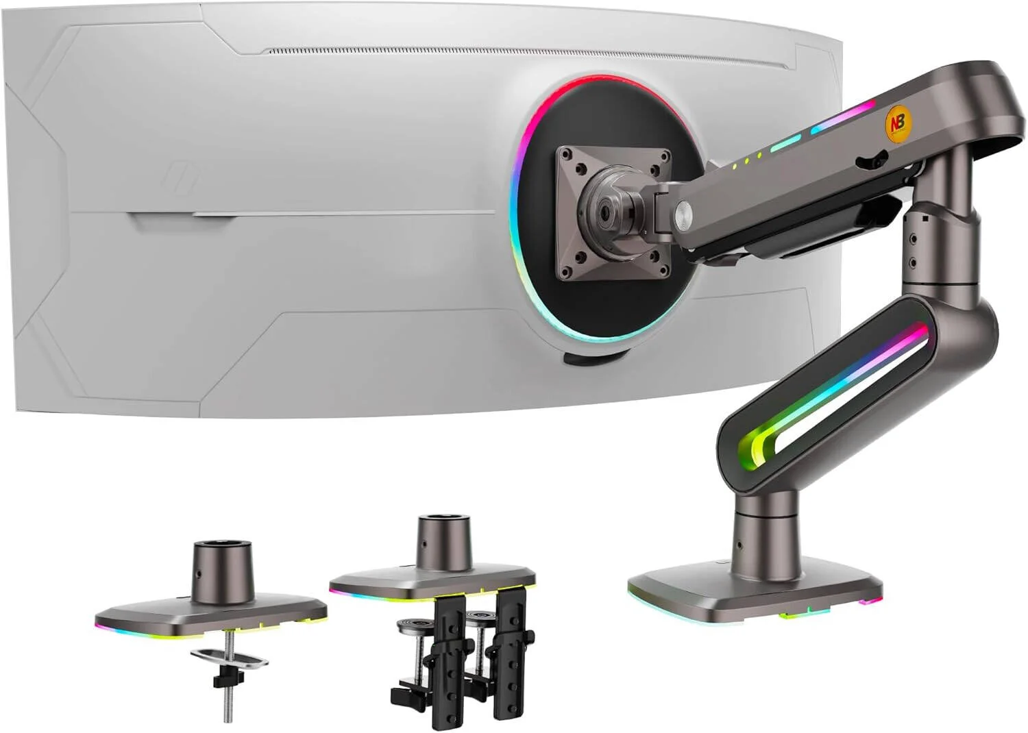 بازوی مانیتور گیمینگ ارگونومیک NB F6 RGB، مناسب مانیتورهای تخت/فوق عریض/خمیده 32 تا 60 اینچ، پایه سنگین، تا 20 کیلوگرم، نصب مانیتور VESA 75mm & 100 mm، زغالی مات | F6