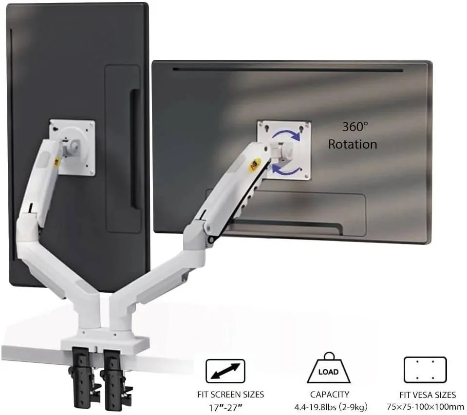 بازوی نگهدارنده دو مانیتوره ان بی نورث بایو مدل F160، پایه مانیتور دوگانه با حرکت کامل، برای دو صفحه نمایش 17 تا 27 اینچی با ظرفیت بارگیری 2 تا 9 کیلوگرم در هر نمایشگر، سفید