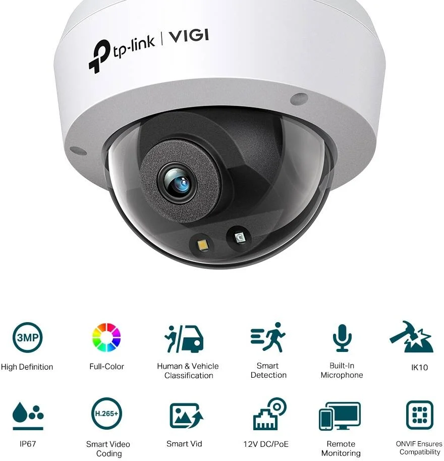 VIGI 3MP Full-Color Dome Network Camera, 4 mm Lens, F1.6 Aperture, 1/2.8" Progressive Scan CMOS Sensor, Horizontal FOV 89.1°, Vertical FOV 45.1°, Diagonal FOV 106.9°, White | VIGI C230-4mm