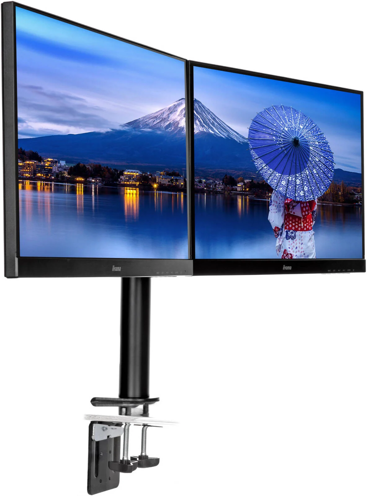 بازوی رومیزی دوگانه iiyama DS1002C-B1، سایز صفحه نمایش 10 تا 30 اینچ، حداکثر ظرفیت وزن 10 کیلوگرم، چرخش صفحه نمایش 90 درجه، چرخش 180 درجه، شیب -85 تا 15 درجه، تنظیم ارتفاع 200 تا 400 میلی متر، مشکی | DS1002C-B1