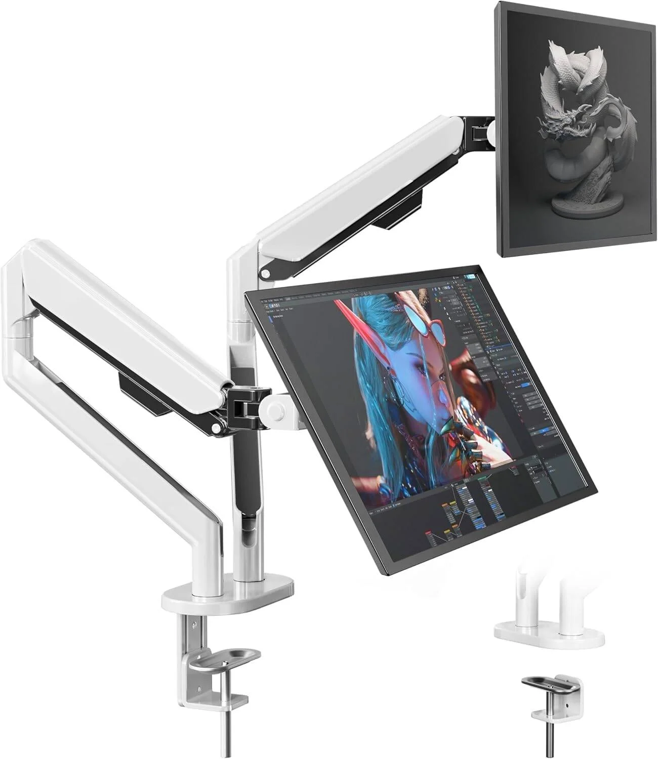 بازوی نگهدارنده دو مانیتوره HEYMIX LIFE، پایه مانیتور دوگانه آلومینیومی با فنر گازی، پایه مانیتور VESA برای مانیتورهای گیمینگ 13 تا 32 اینچ تا 9 کیلوگرم با نصب 2-Grommet، سفید