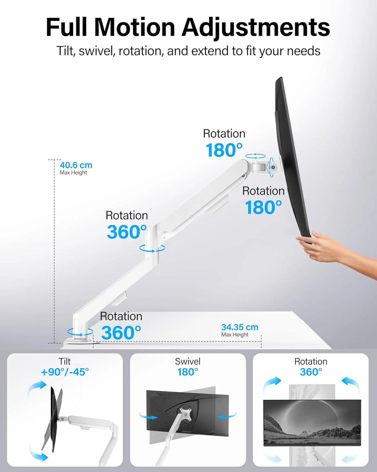 بازوی مانیتور تکی HEYMIX LIFE، پایه VESA بازوی مانیتور کامپیوتر قابل تنظیم فنری گازی آلومینیومی، پایه مانیتور چرخشی و پایه نصب 2 سوراخه برای صفحه نمایش 13-32 اینچی 2-9 کیلوگرمی، سفید | K100