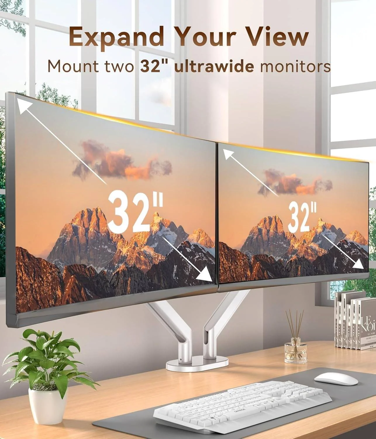 بازوی نگهدارنده دو مانیتوره HEYMIX LIFE، پایه مانیتور دوگانه آلومینیومی با فنر گازی، پایه مانیتور VESA برای مانیتورهای گیمینگ 13 تا 32 اینچ تا 9 کیلوگرم با نصب 2-Grommet، سفید