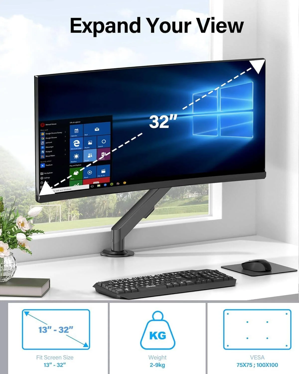 بازوی مانیتور تکی HEYMIX LIFE، پایه مانیتور ارگونومیک با نصب VESA، بازوی مانیتور کامپیوتر با فنر گازی، بازوی Vesa، پایه مانیتور و 2 پایه نصب Grommet برای صفحه نمایش های 32 اینچی 2-9 کیلوگرمی، مشکی | K100