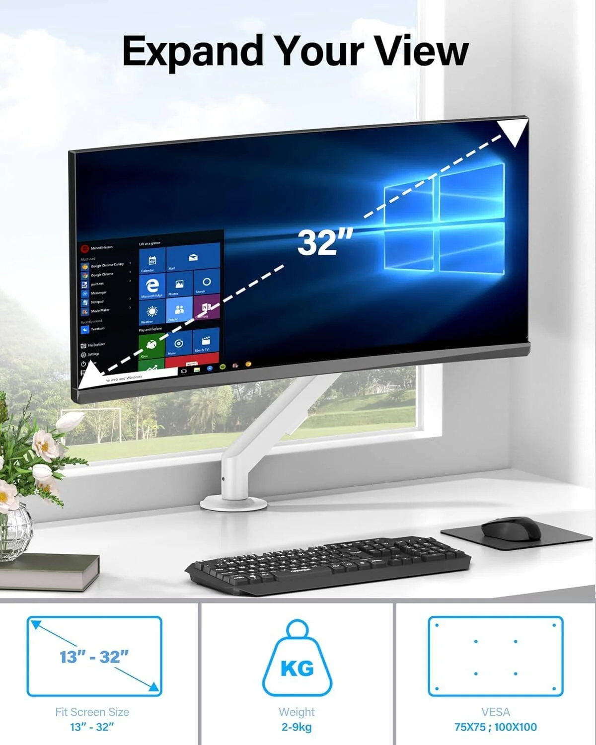 بازوی مانیتور تکی HEYMIX LIFE، پایه VESA بازوی مانیتور کامپیوتر قابل تنظیم فنری گازی آلومینیومی، پایه مانیتور چرخشی و پایه نصب 2 سوراخه برای صفحه نمایش 13-32 اینچی 2-9 کیلوگرمی، سفید | K100