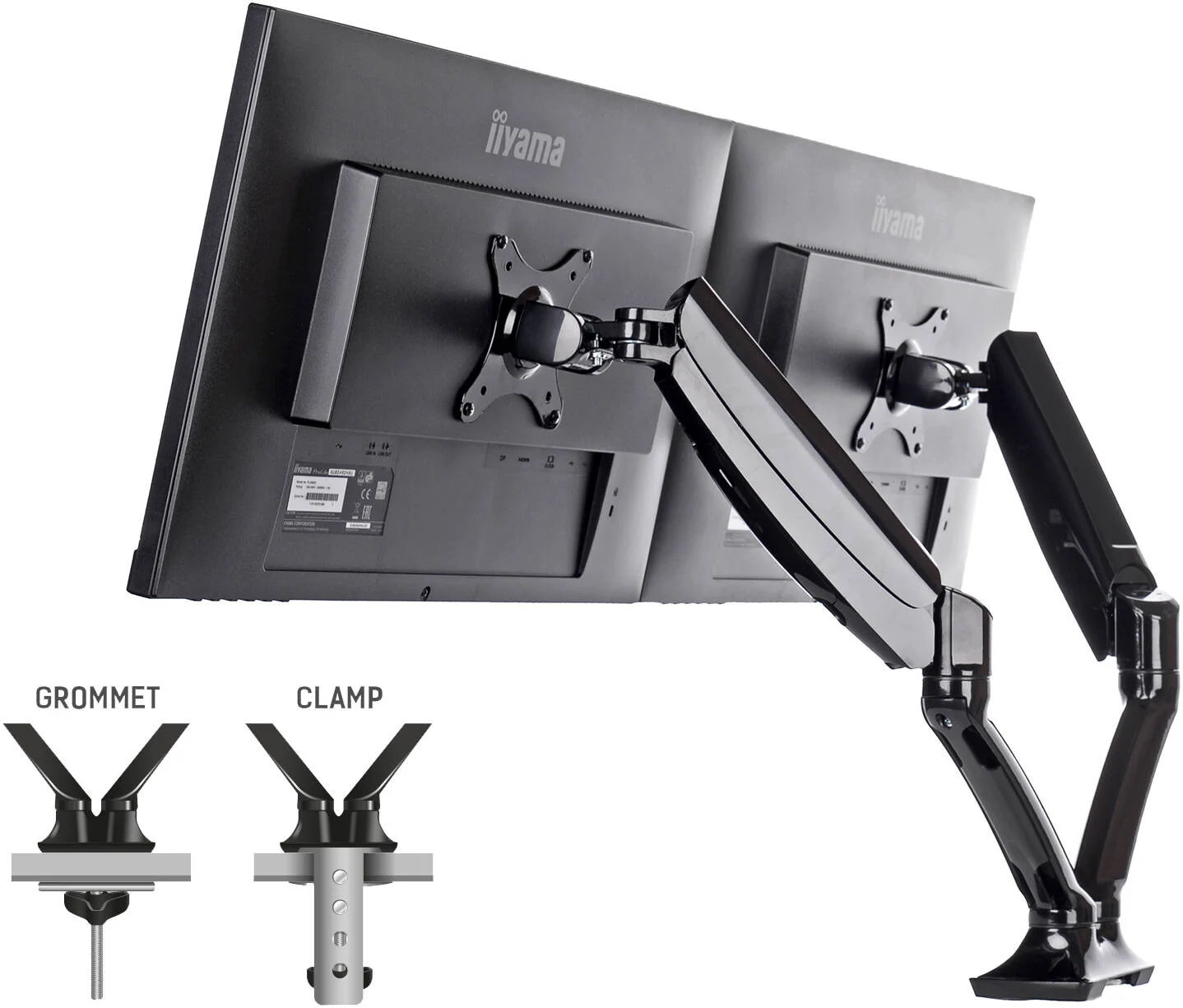 بازوی فنری گازی دوگانه iiyama DS3002C-B1، سایز صفحه نمایش 10 تا 27 اینچ، حداکثر ظرفیت وزن 5 کیلوگرم، چرخش صفحه نمایش 90 درجه، چرخش 360 درجه، شیب -85 تا 15 درجه، تنظیم ارتفاع تا 410 میلی متر، مشکی | DS3002C-B1