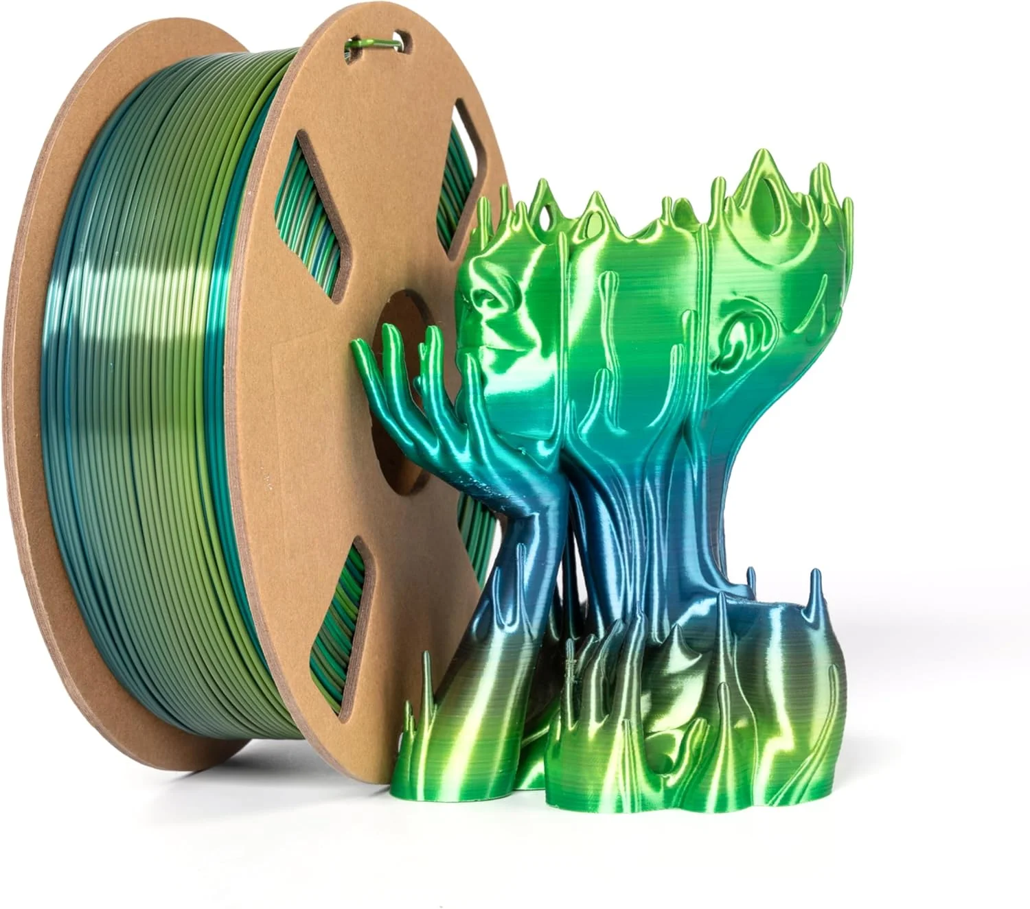فیلامنت PLA ابریشمی چند رنگ 1.75 میلی‌متری 1 کیلوگرمی، PLA براق ابریشمی رنگین کمانی سبز قرمز چند رنگ، فیلامنت چاپ سه بعدی با تغییر سریع رنگ، نوع تغییر رنگ سبز به صورت تصادفی، 2.2 پوند مواد چاپ سه بعدی