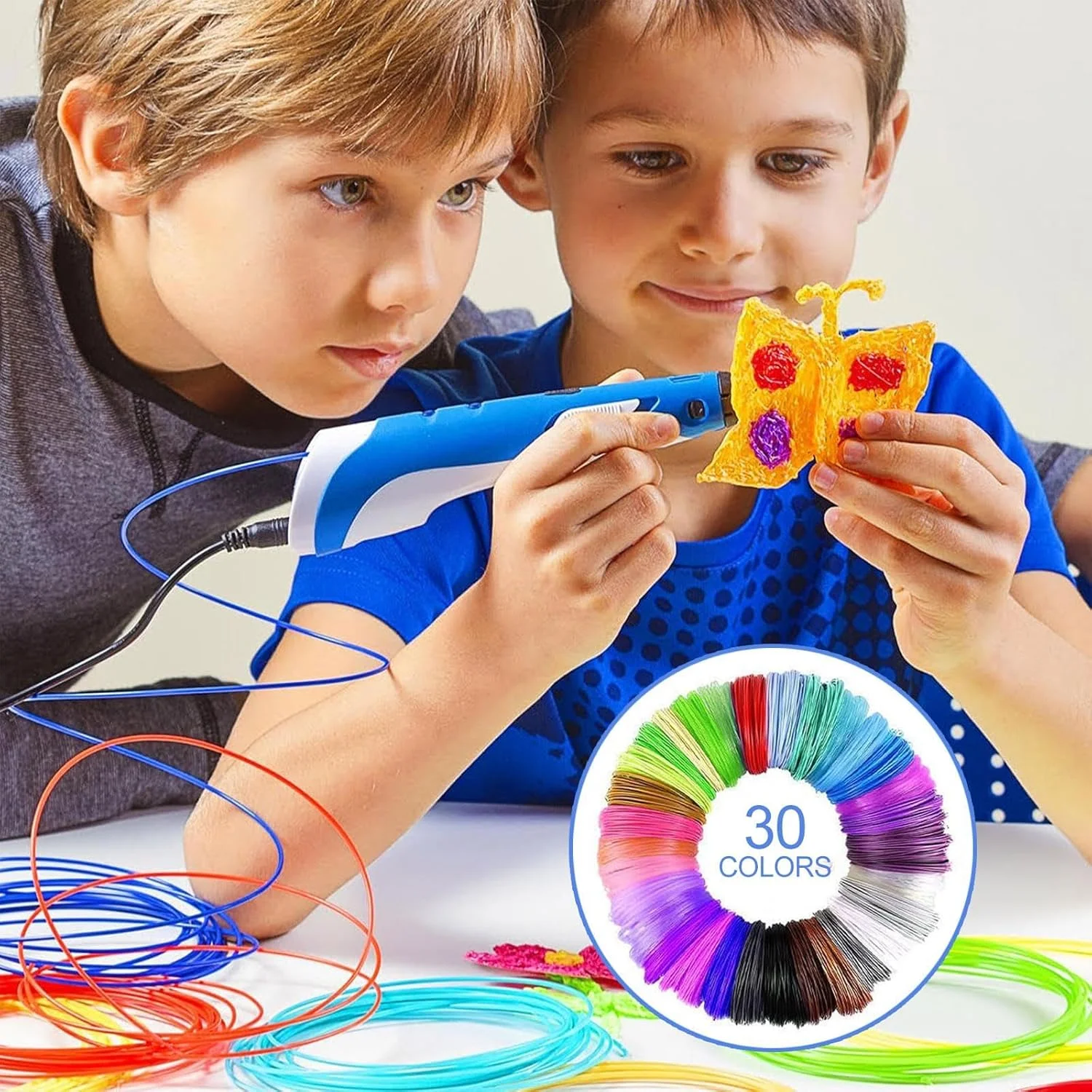 مجموعه ۳۰ رنگ فیلامنت PLA برای قلم سه بعدی، فیلامنت ممتاز ۱.۷۵ میلی‌متری برای پرینتر سه بعدی/قلم سه بعدی، طول هر رنگ ۵ متر، مجموعاً ۱۵۰ متر، غیر سمی، فیلامنت چاپ روان برای کودکان (قلم سه بعدی شامل نمی‌شود)