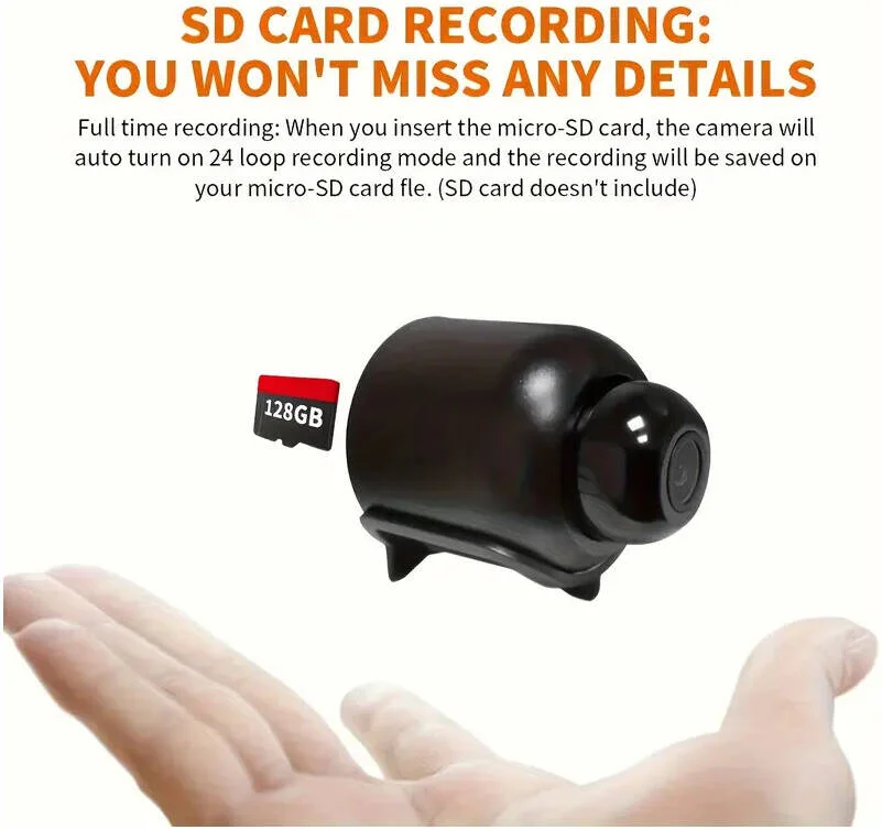دوربین مداربسته کوچک هوشمند با وای فای، دید در شب، صدای دو طرفه، کنترل از طریق اپلیکیشن موبایل، بدون نیاز به کارت حافظه، ضبط ویدئو 480p، فرکانس 2.4 گیگاهرتز، جنس ABS، حافظه داخلی 128 گیگابایت، مشکی