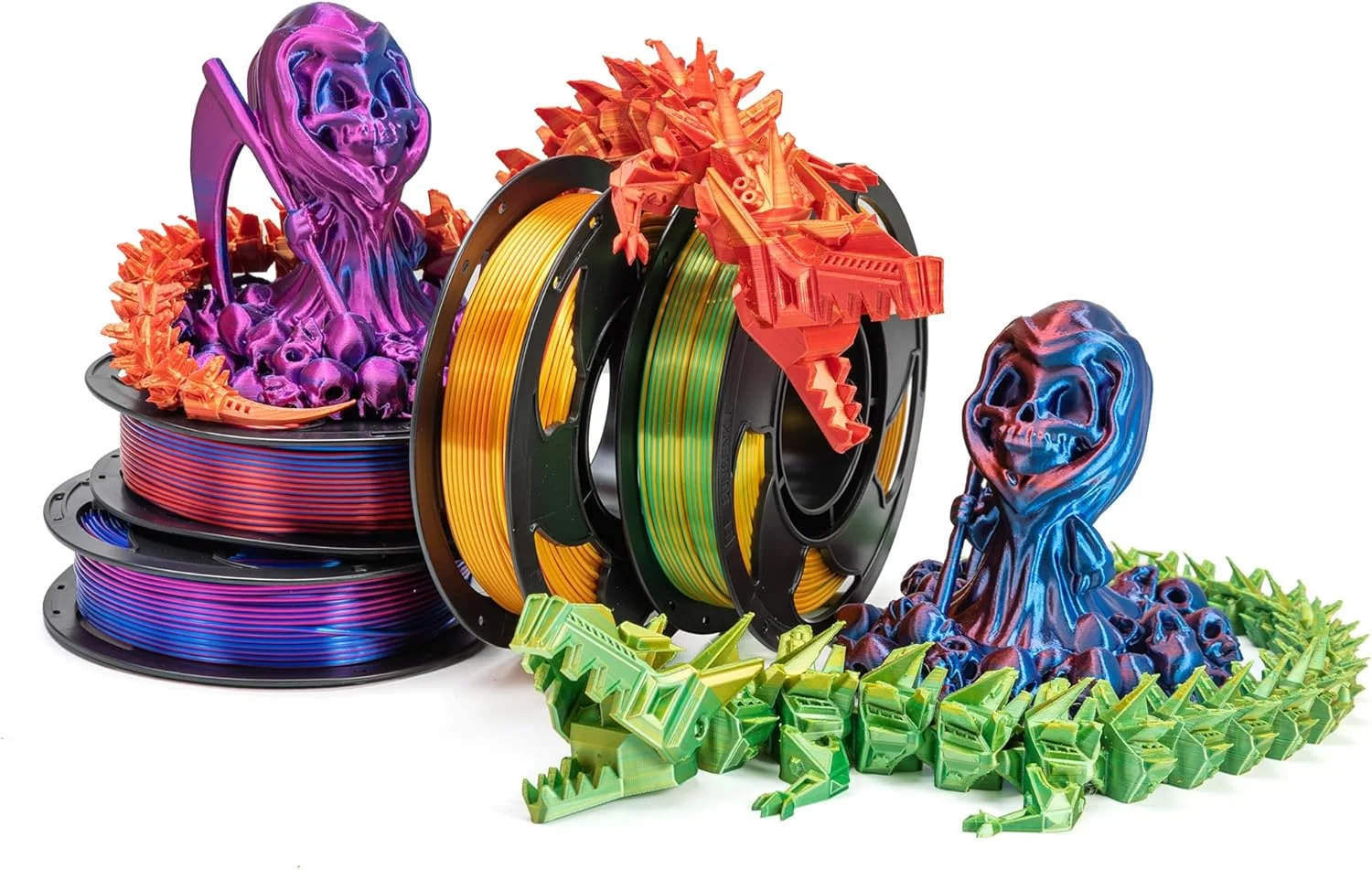 بسته فیلامنت PLA 1.75mm، 200 گرمی، 4 قرقره طلایی ابریشمی قرمز، آبی ابریشمی قرمز، طلایی ابریشمی سبز، فیلامنت PLA دو رنگ اکستروژن مشترک برای پرینترهای سه بعدی