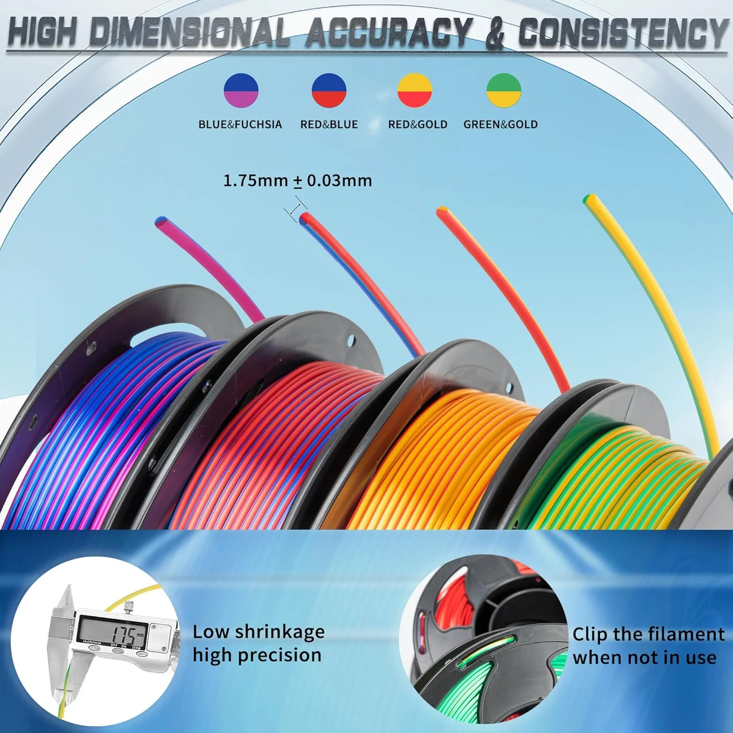 بسته فیلامنت PLA 1.75mm، 200 گرمی، 4 قرقره طلایی ابریشمی قرمز، آبی ابریشمی قرمز، طلایی ابریشمی سبز، فیلامنت PLA دو رنگ اکستروژن مشترک برای پرینترهای سه بعدی
