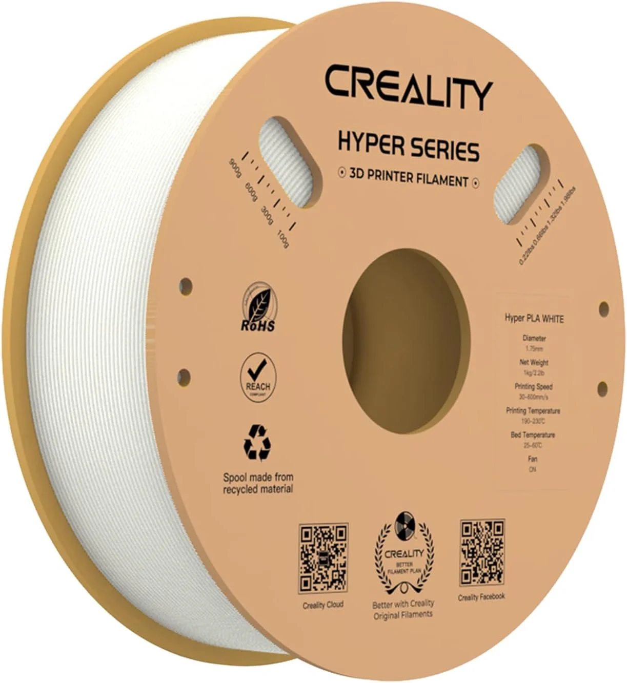 فیلامنت PLA هایپر Fawoonu 1.75mm، متریال چاپ سه بعدی با سیالیت بالا و سرعت زیاد، اکستروژن پایدار، قرقره ابعادی 1 کیلوگرمی (2.2 پوند) با دقت +/- 0.03mm، 1 رول استاندارد - سفید